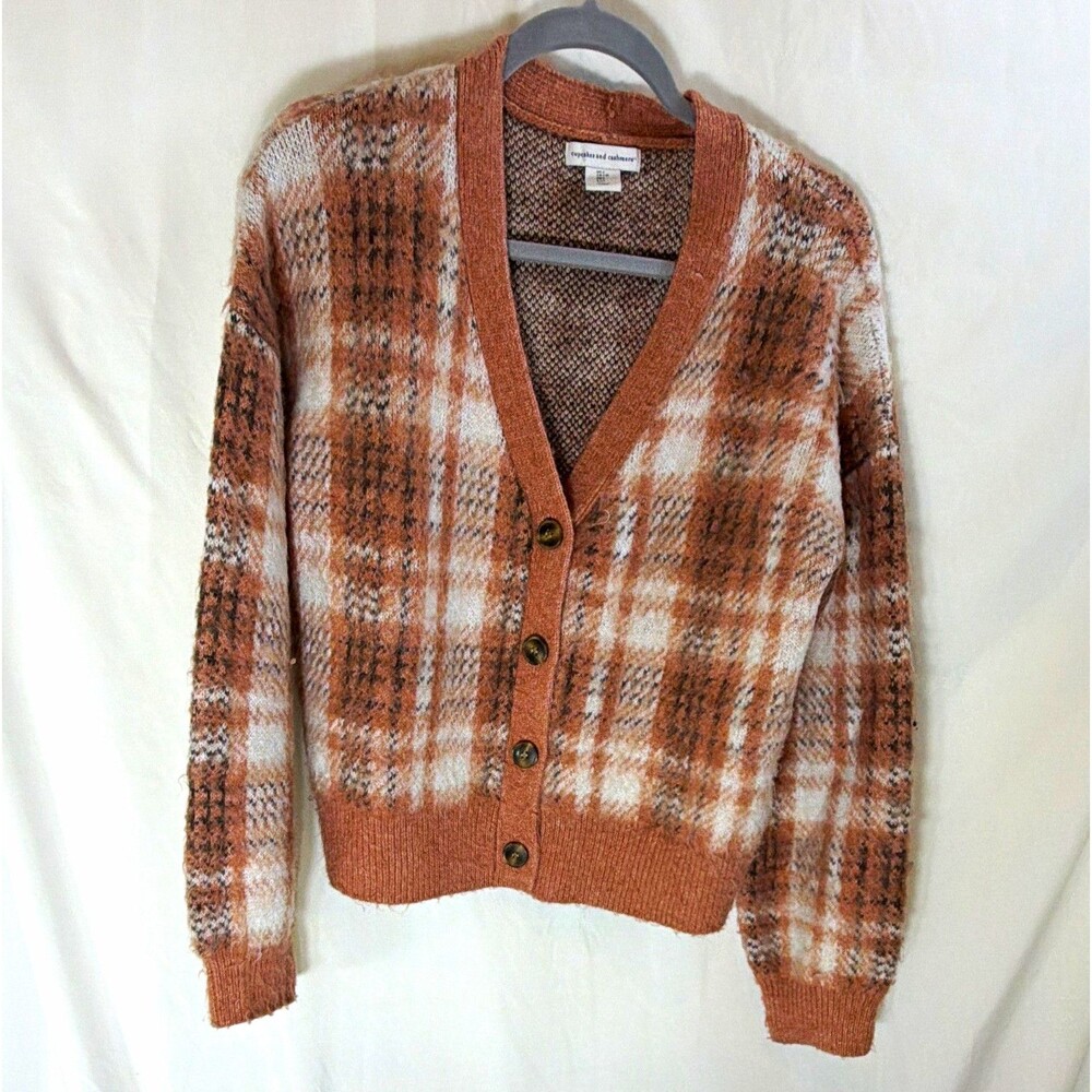 Cupcakes and Cashmere Brown/White Plaid Knit V-Neck Button Cardigan Size L